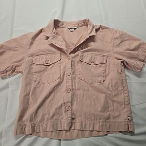 Eddie Bauer Women's Button Up Top Small Pastel Pink Cropped Collared Casual